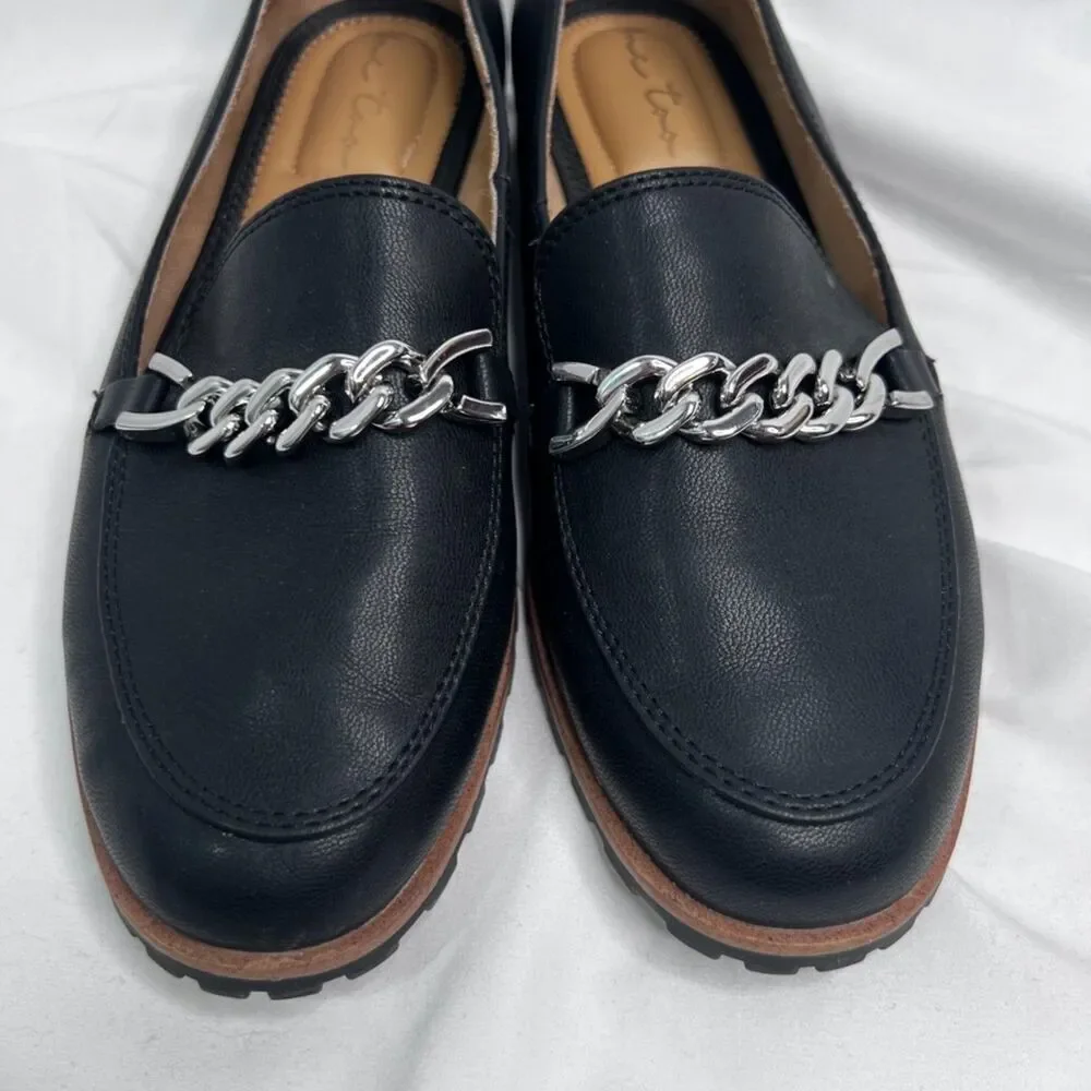 Me Too Colby Black Slip On Flat Loafers Silver Chain Detail Size‎ 7.5M